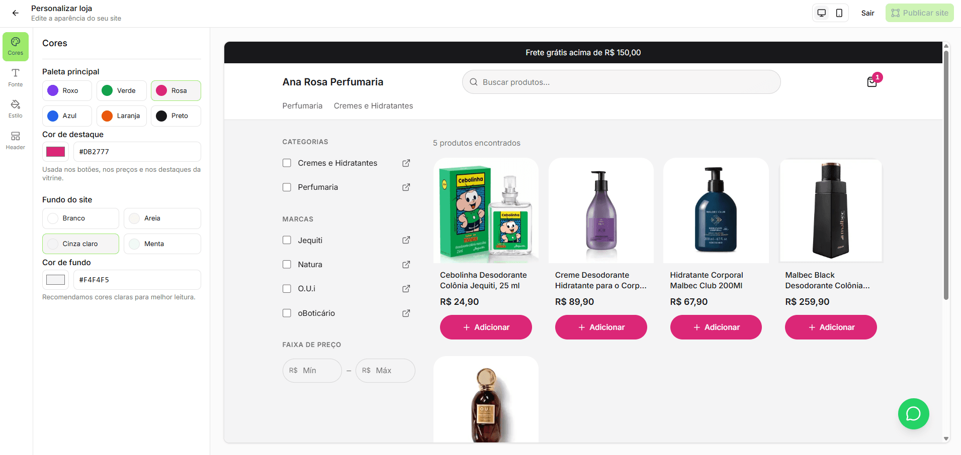 Editor de personalização da loja virtual do Movendi, com preview da vitrine ao lado